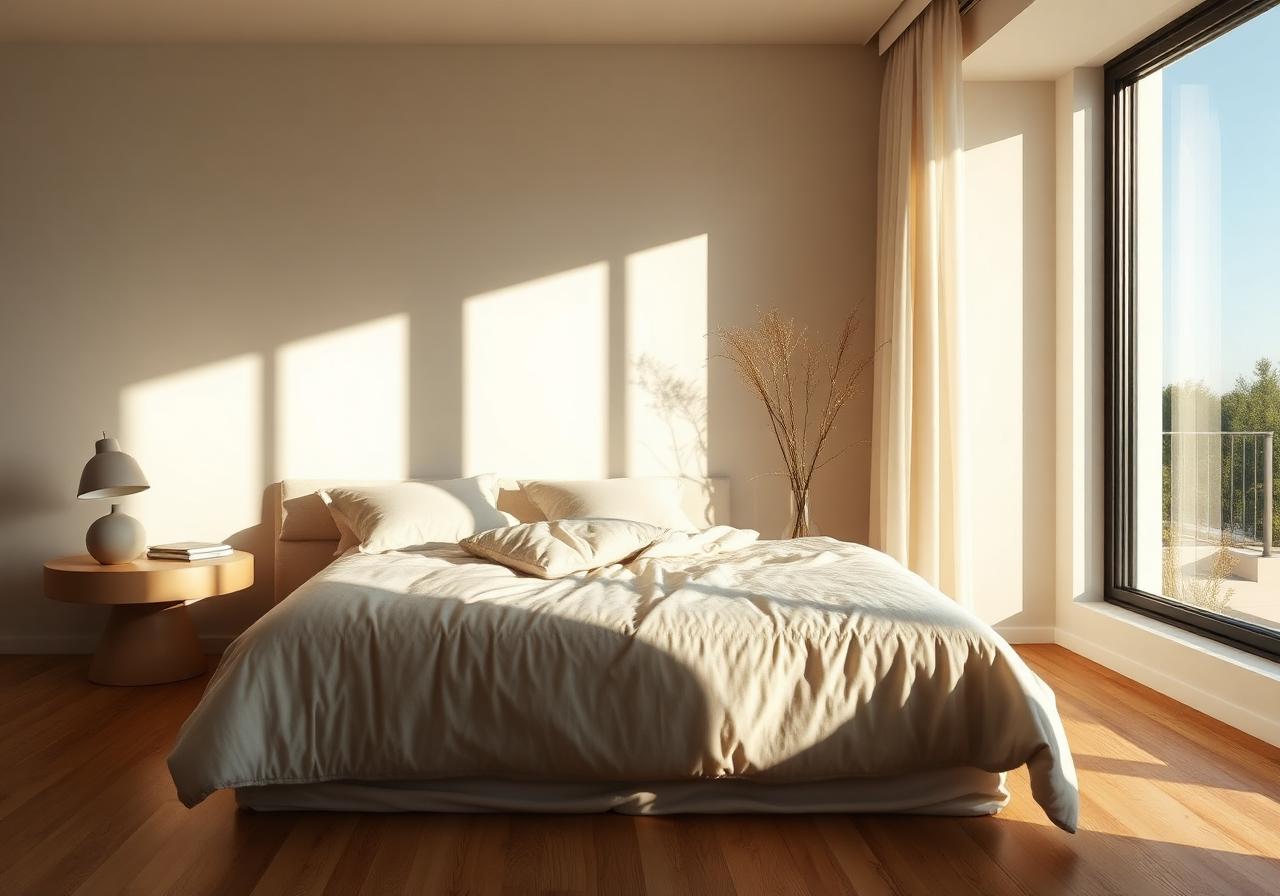 Sunlit bedroom with linen bedding