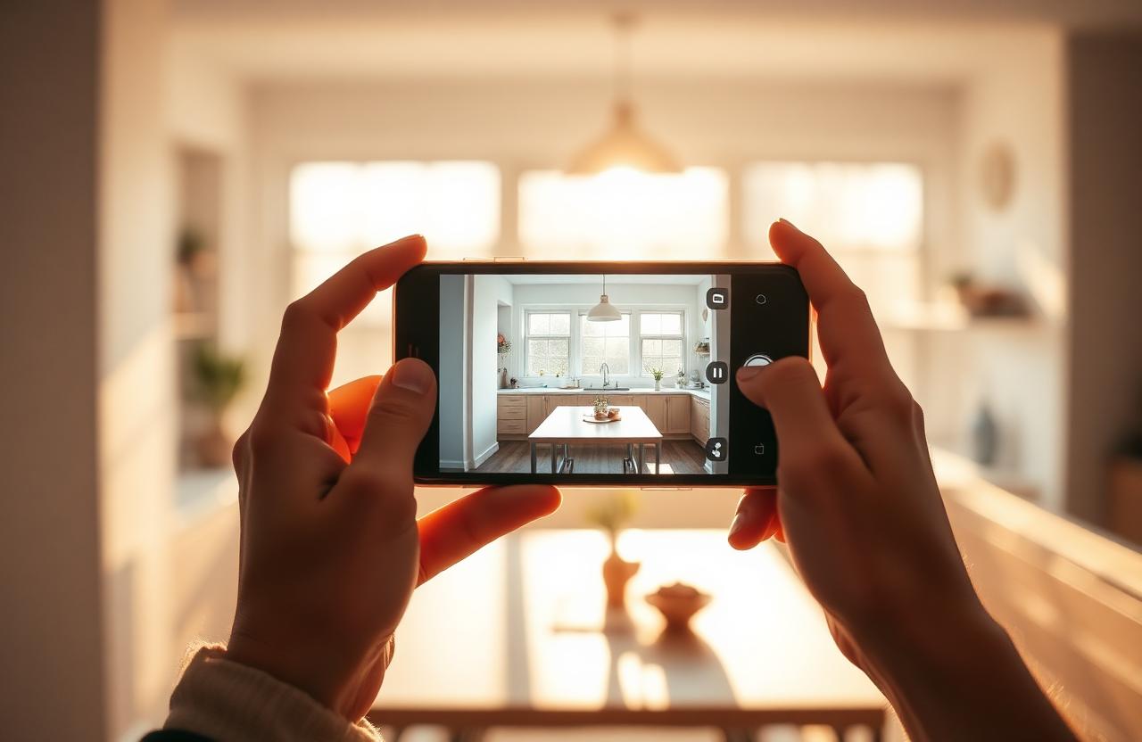 Hand holding a phone capturing a sunlit kitchen for a Houzes inspection